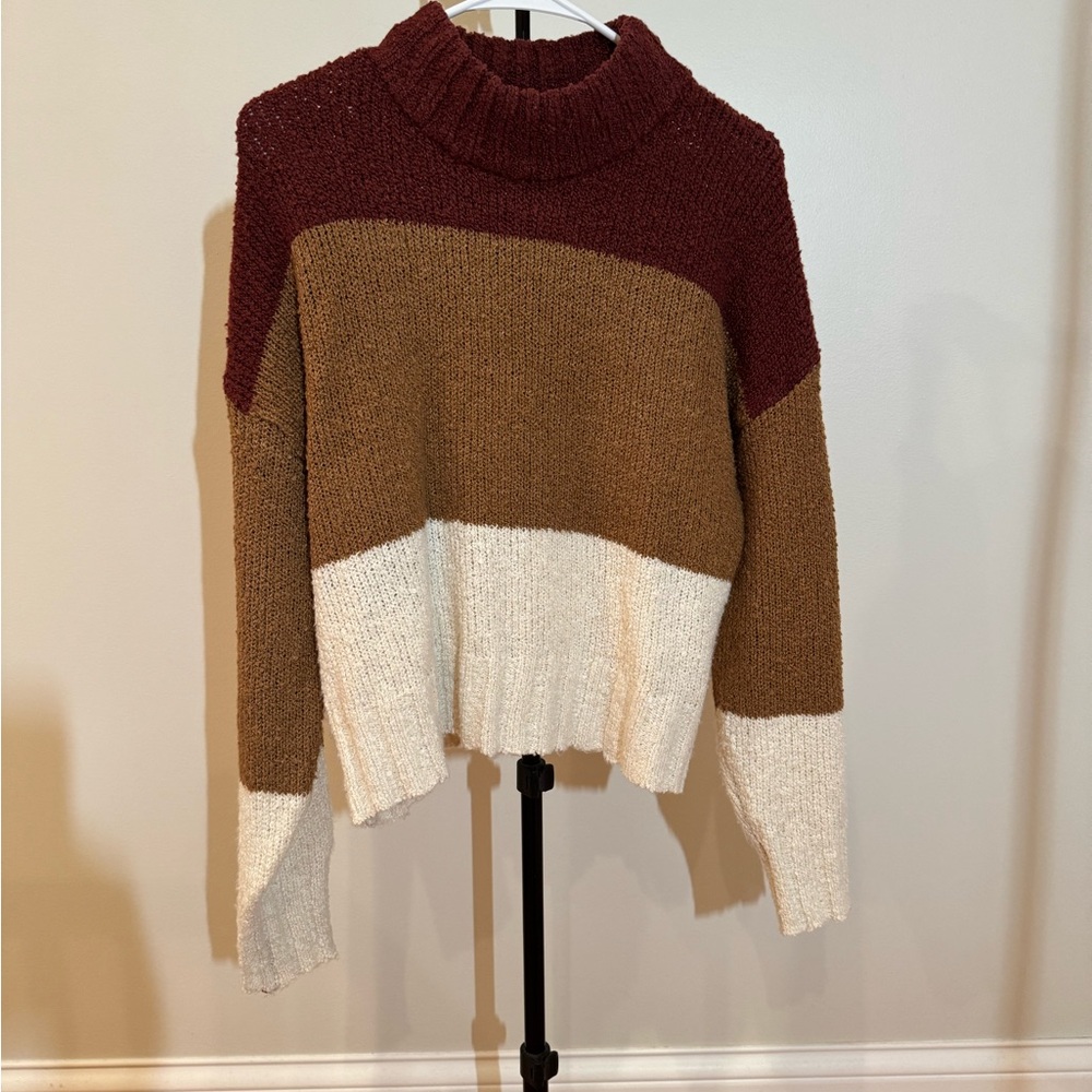 Pink Rose Colorblock Cowl Neck Sweater in Burgundy, Brown & Cream